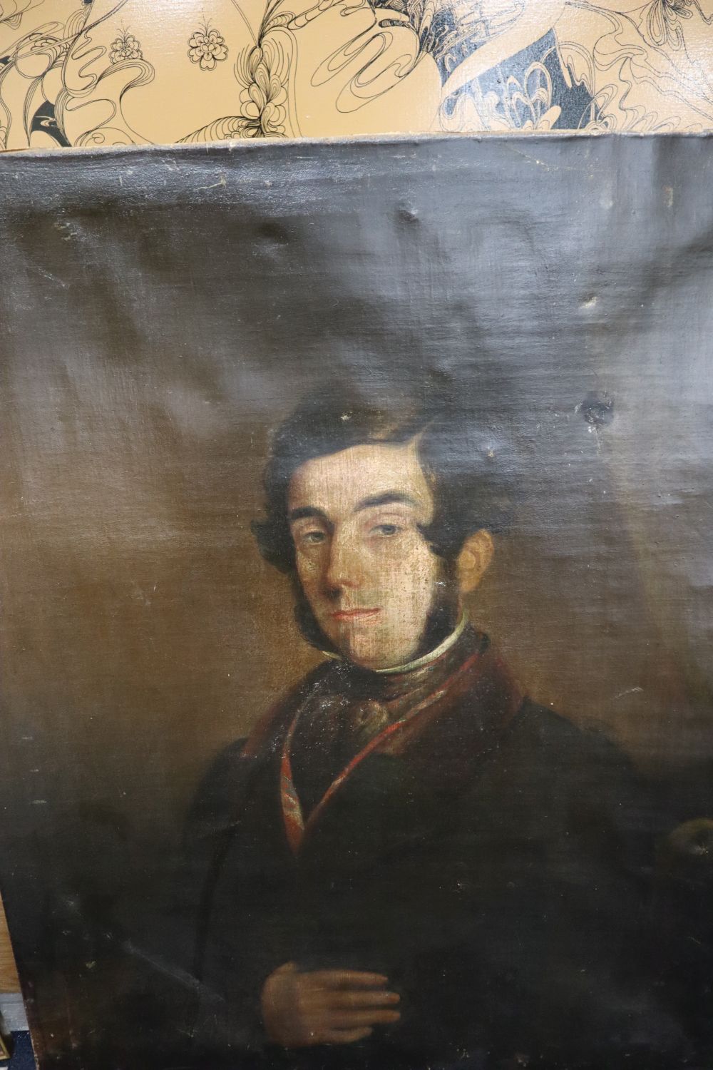 Victorian School, oil on canvas, Portrait of a gentleman, 76 x 63cm and an earlier distressed oil portrait of a lady, 48 x 37cm, both u